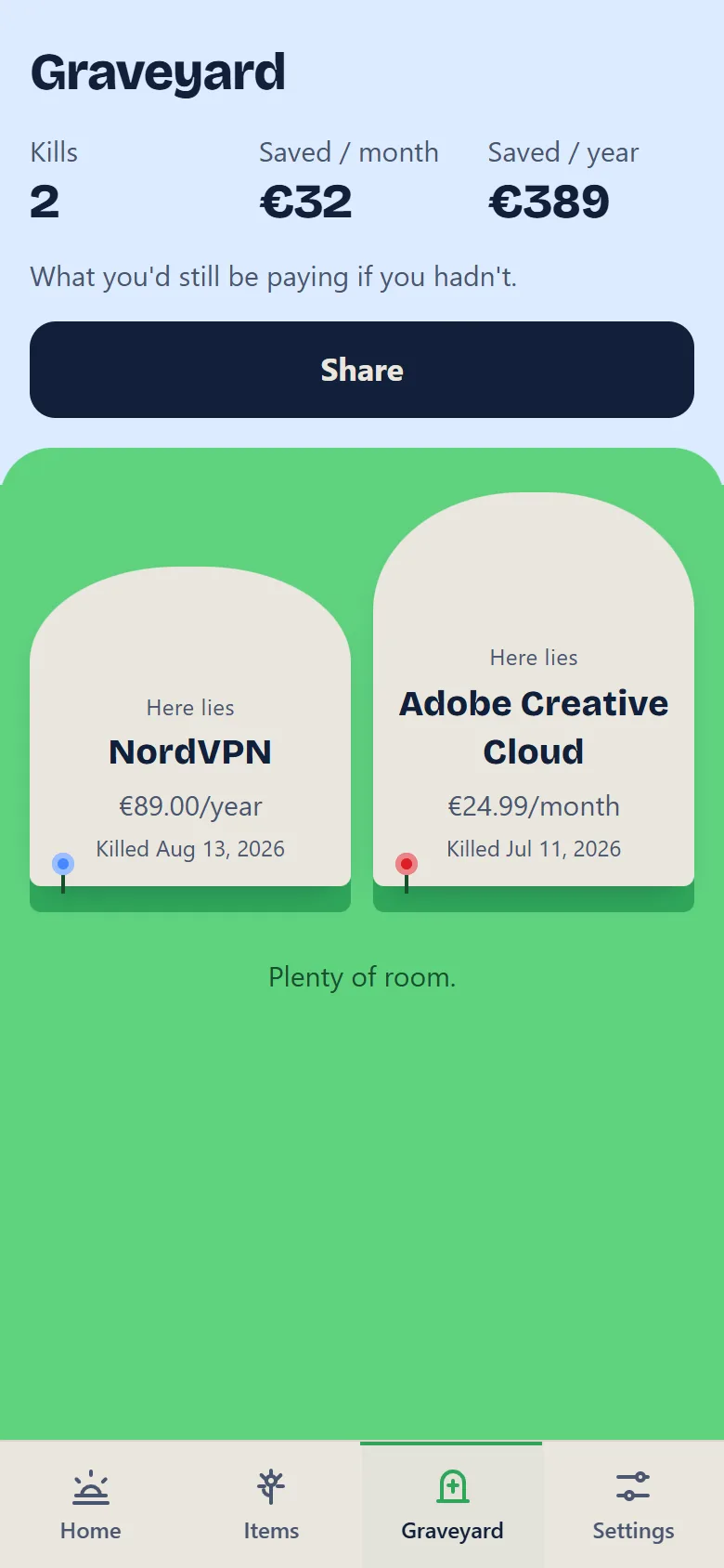 SubFinito Graveyard: kills and savings counted, with a tombstone for each cancelled subscription