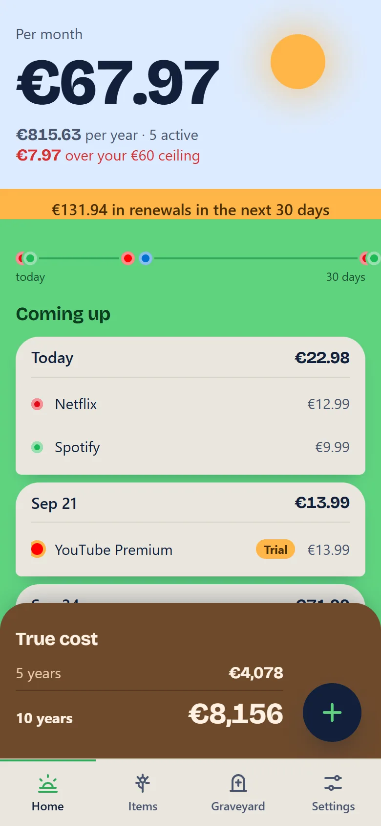 SubFinito Home: the monthly total in the sky, the 30-day charge track and the next charges on the lawn